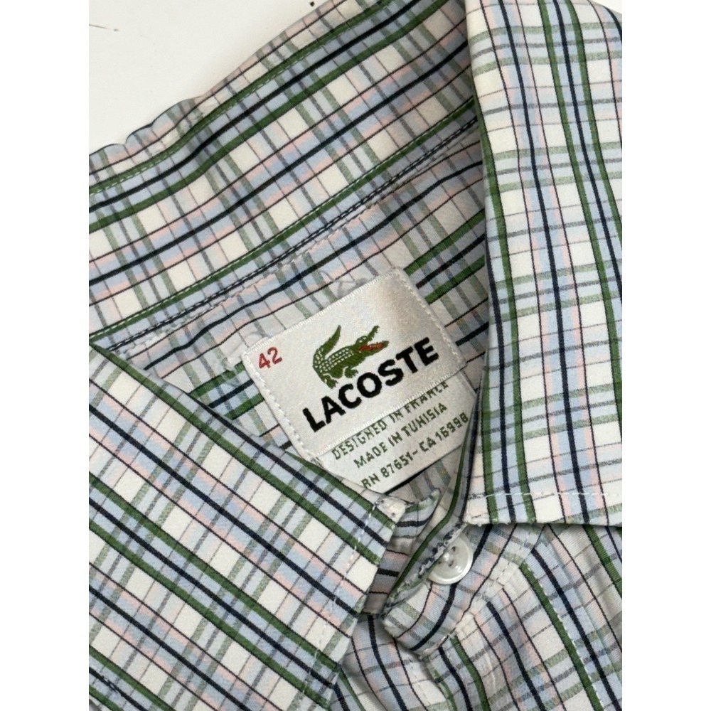 Lacoste Plaid Button Up Dress Shirt White Blue Men's Size 42 Large‎